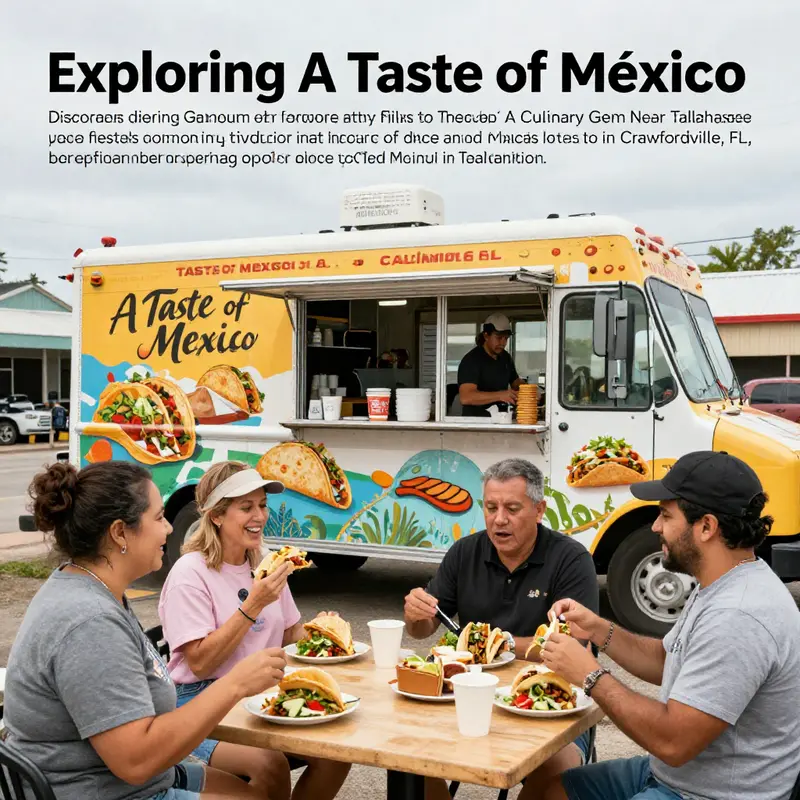 A bustling scene showcasing A Taste of Mexico Taco Truck and happy customers enjoying delicious tacos.