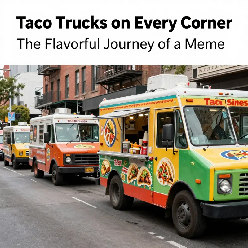 A bustling urban street lined with vibrant taco trucks, symbolizing the joy and diversity of the taco culture.