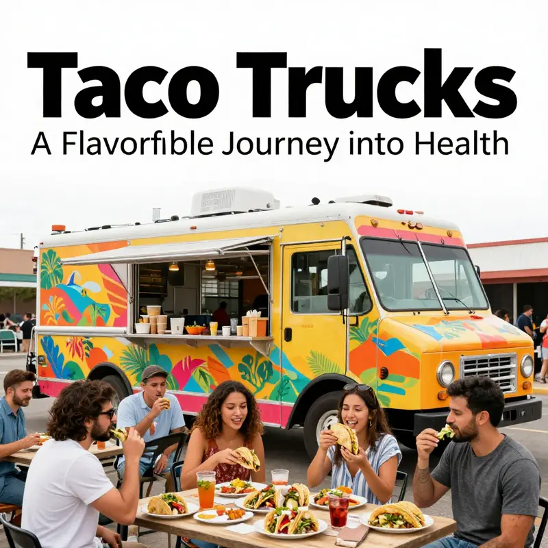 A lively scene showing a taco truck bustling with customers enjoying a variety of healthy taco options.
