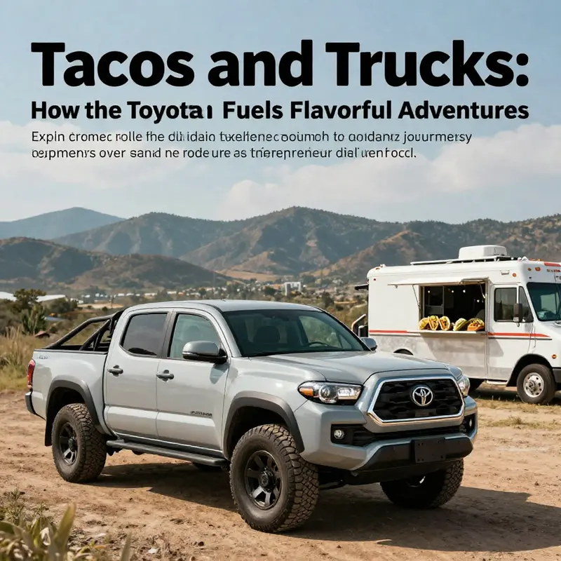 Panoramic view of a Toyota Tacoma with a taco truck in the background, symbolizing culinary adventure.