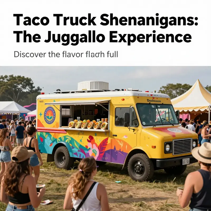 A taco truck in a lively festival filled with colorful juggalos celebrating music and flavors.