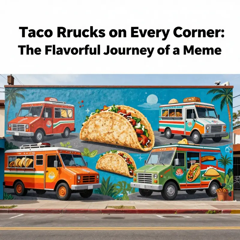 Political origins of the meme illustrated with colorful taco trucks juxtaposed against campaign themes.