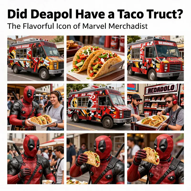 Deadpool poses beside his iconic taco truck, symbolizing his unforgettable love for tacos and playful merchandise legacy.