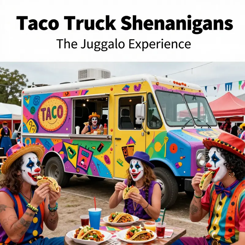 A cultural celebration at a festival with juggalos and their beloved taco truck.