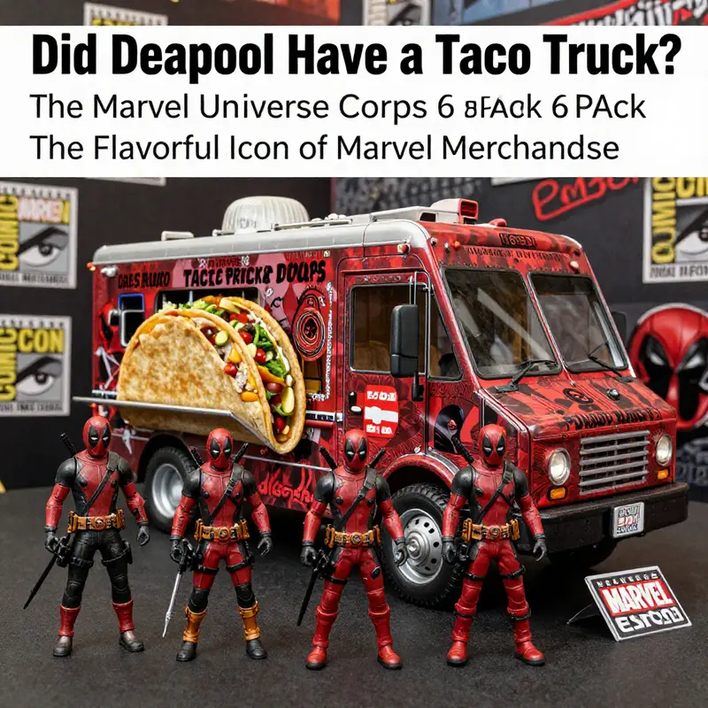 Deadpool poses beside his iconic taco truck, symbolizing his unforgettable love for tacos and playful merchandise legacy.