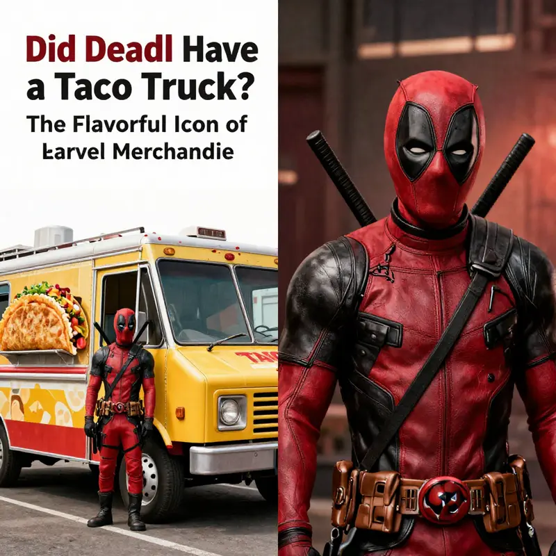 Deadpool poses beside his iconic taco truck, symbolizing his unforgettable love for tacos and playful merchandise legacy.