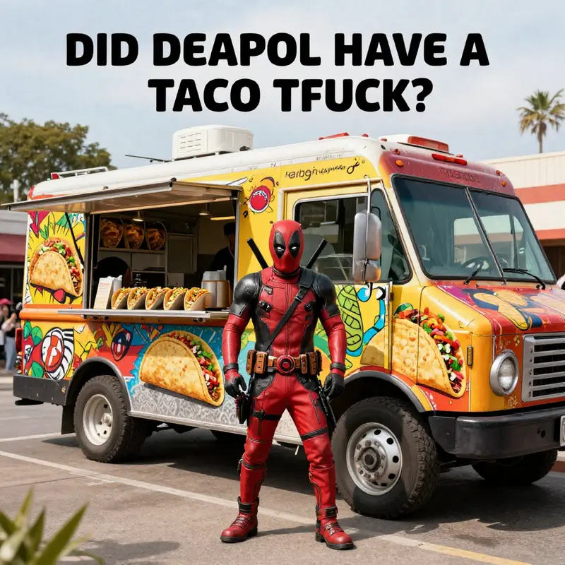 Photorealistic image of Deadpool standing next to a brightly colored taco truck decorated with taco and comic-themed artwork.
