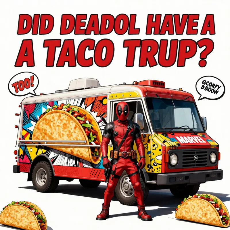 Deadpool poses beside his iconic taco truck, symbolizing his unforgettable love for tacos and playful merchandise legacy.