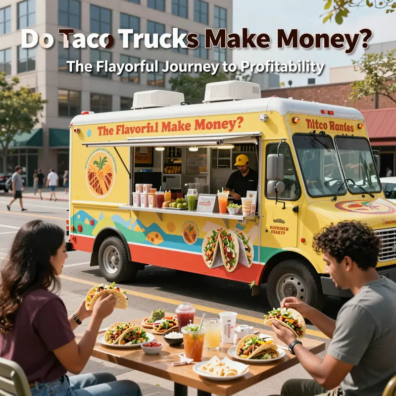 Busy urban street with a colorful taco truck serving hungry customers, emphasizing food quality and business vibrancy.