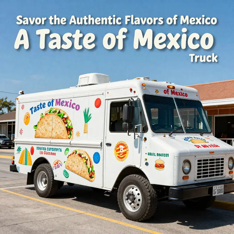 A Taste of Mexico Taco Truck parked in a lively setting, ready to serve delicious tacos to excited customers.