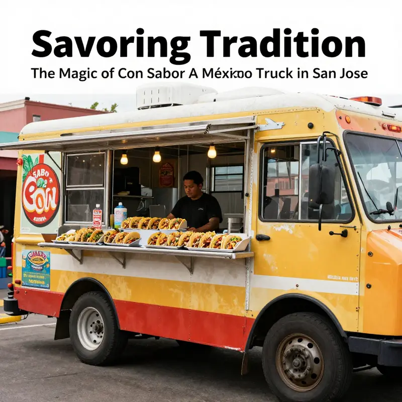 An inviting view of Con Sabor A México taco truck, showcasing an array of delicious tacos in a vibrant outdoor setting.