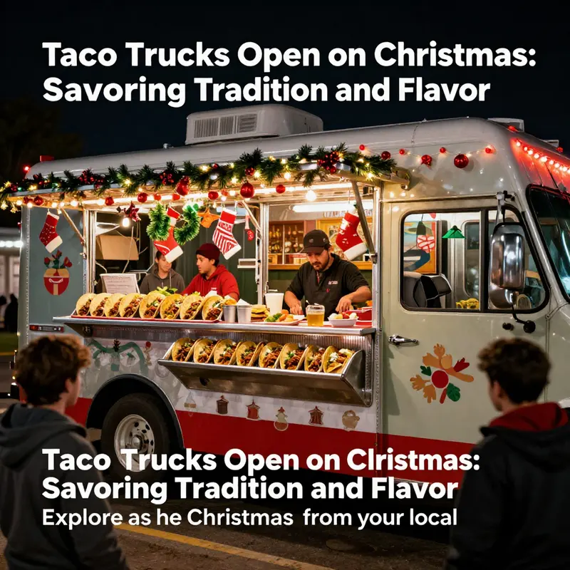 A lively taco truck scene during Christmas, showcasing decorated interiors and happy customers enjoying tacos.