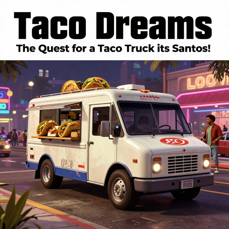 A dynamic cover image featuring the Taco Van amidst the vibrant nightlife of Los Santos in GTA 5.