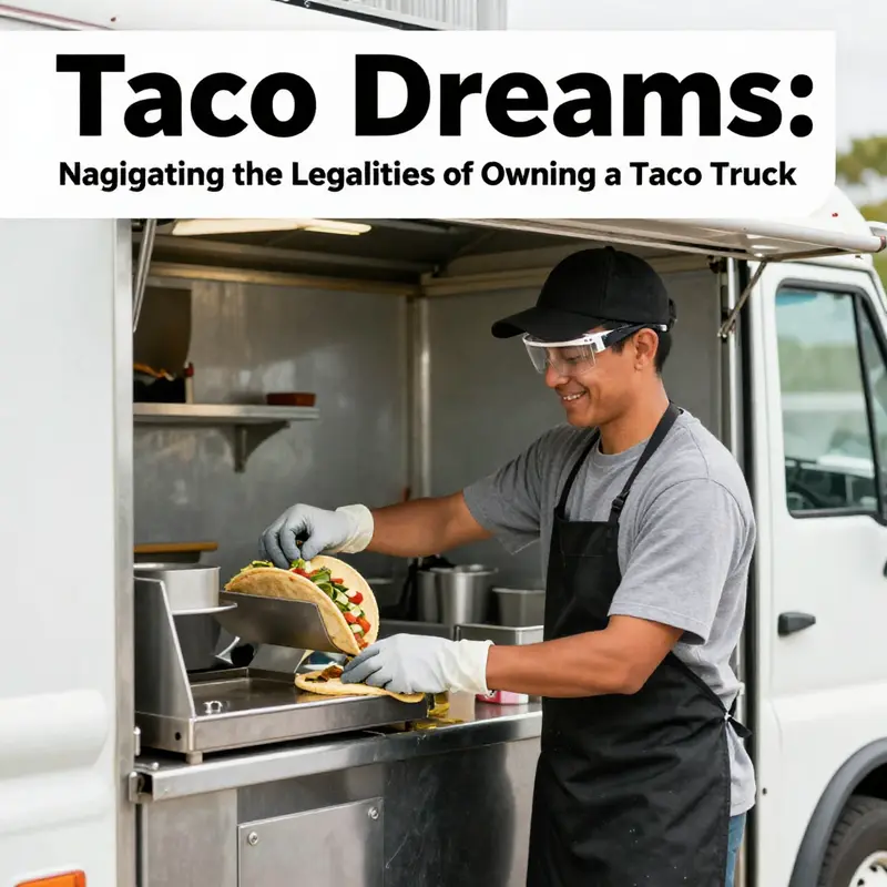 A lively taco truck showcasing the necessary permits and licenses while serving delicious tacos to eager customers.