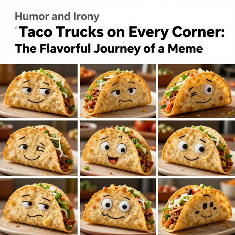 Political origins of the meme illustrated with colorful taco trucks juxtaposed against campaign themes.