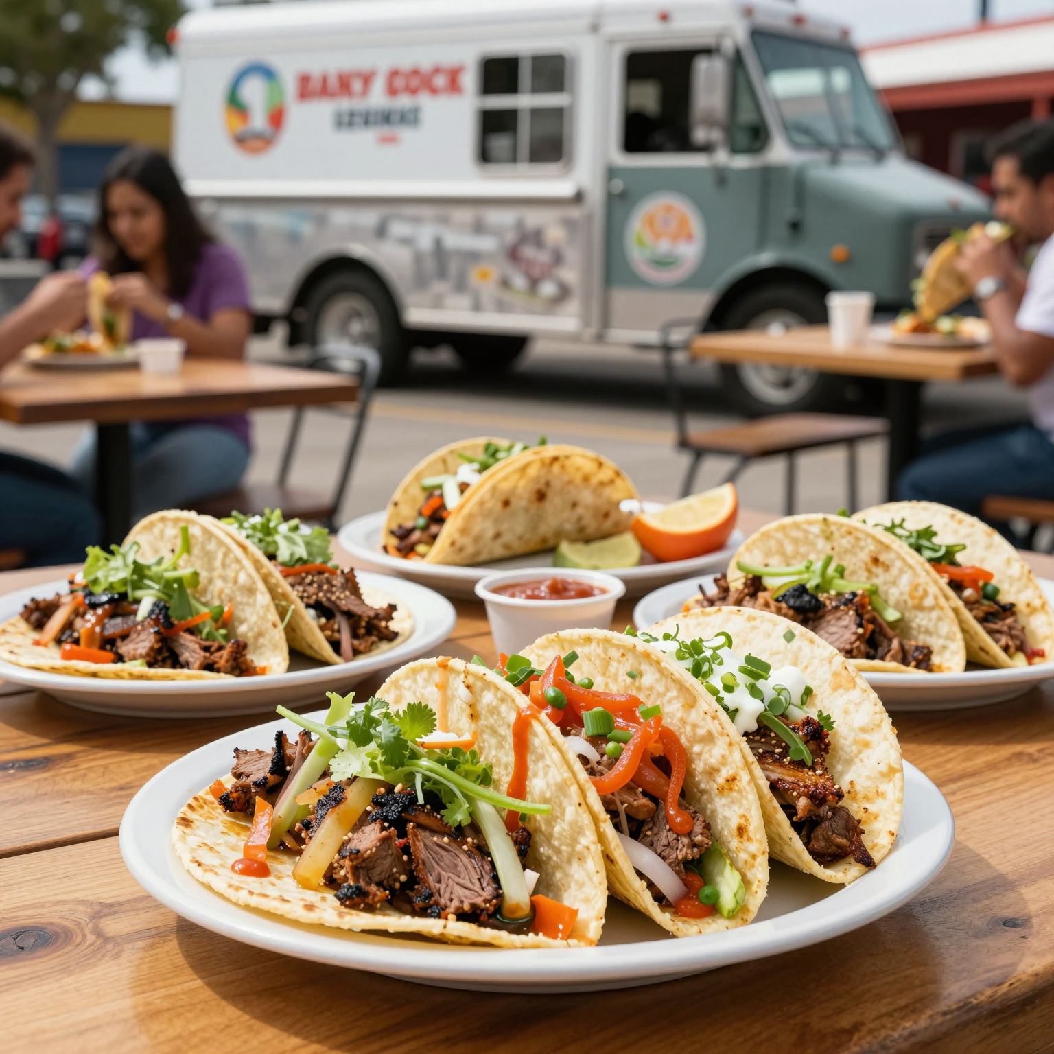 Vibrant image of tacos with a taco truck in the background