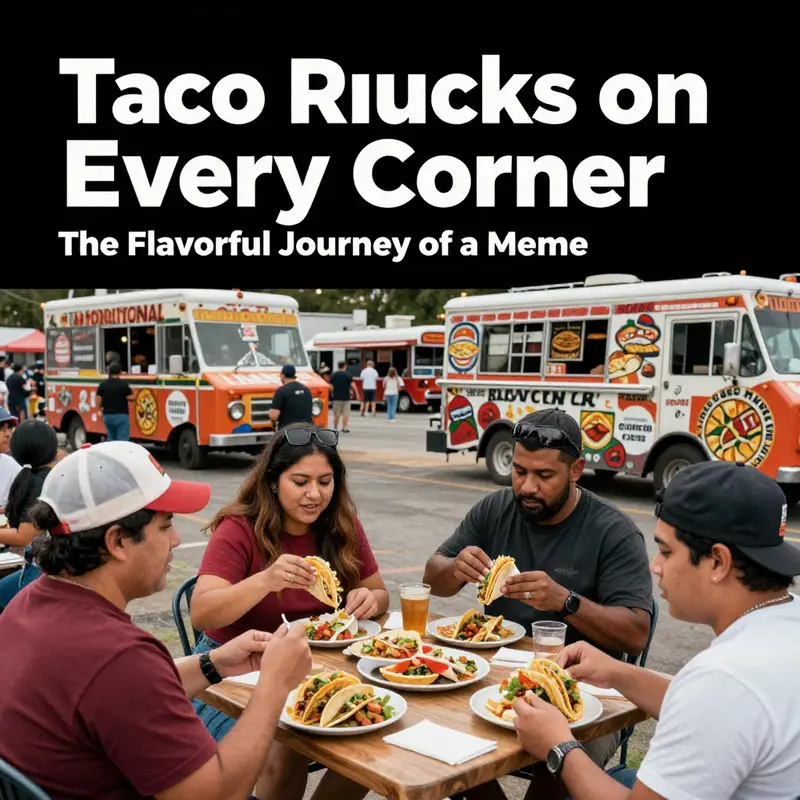 Political origins of the meme illustrated with colorful taco trucks juxtaposed against campaign themes.