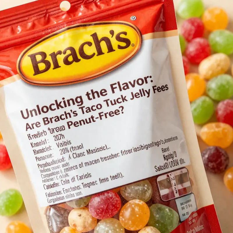 A delightful display of Brach’s Taco Truck Jelly Beans, symbolizing their taco-inspired flavors and peanut-free status.