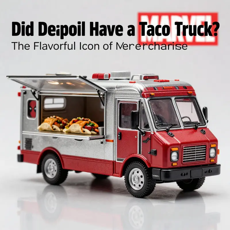 Deadpool poses beside his iconic taco truck, symbolizing his unforgettable love for tacos and playful merchandise legacy.