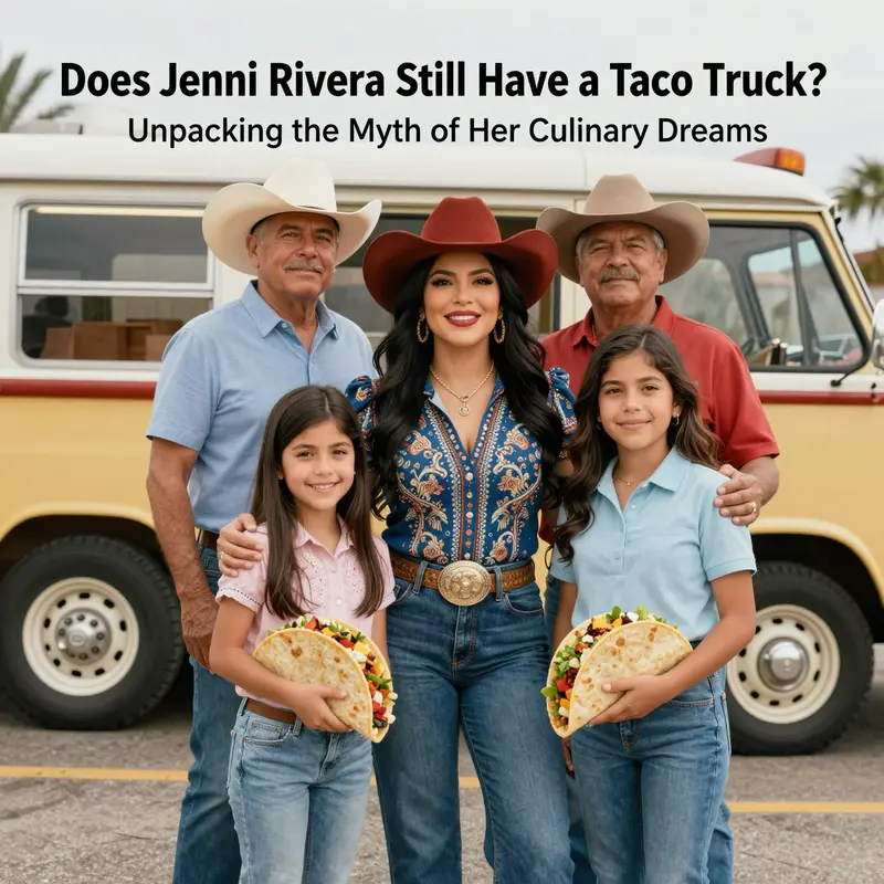 Jenni Rivera’s vibrant culinary aspirations blend with iconic taco truck imagery.
