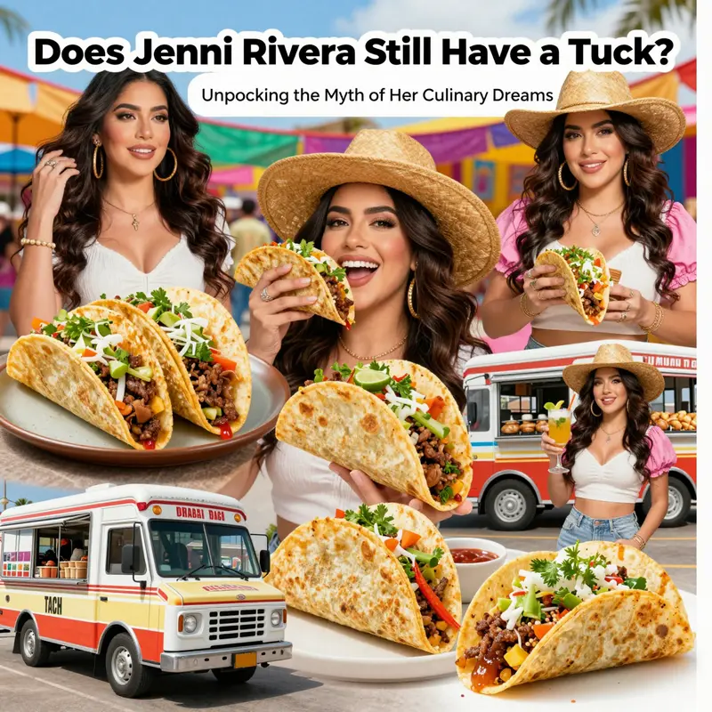 Jenni Rivera’s vibrant culinary aspirations blend with iconic taco truck imagery.