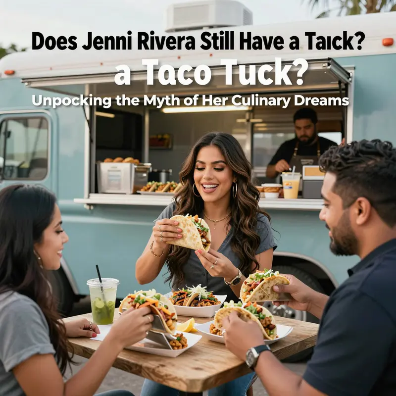 Jenni Rivera’s vibrant culinary aspirations blend with iconic taco truck imagery.