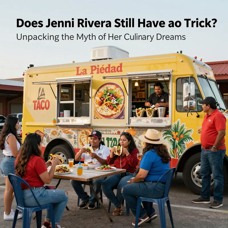 Jenni Rivera’s vibrant culinary aspirations blend with iconic taco truck imagery.