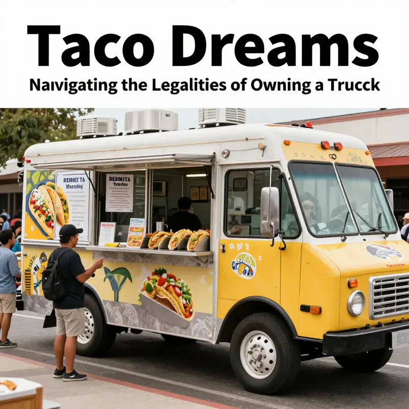 A lively taco truck showcasing the necessary permits and licenses while serving delicious tacos to eager customers.