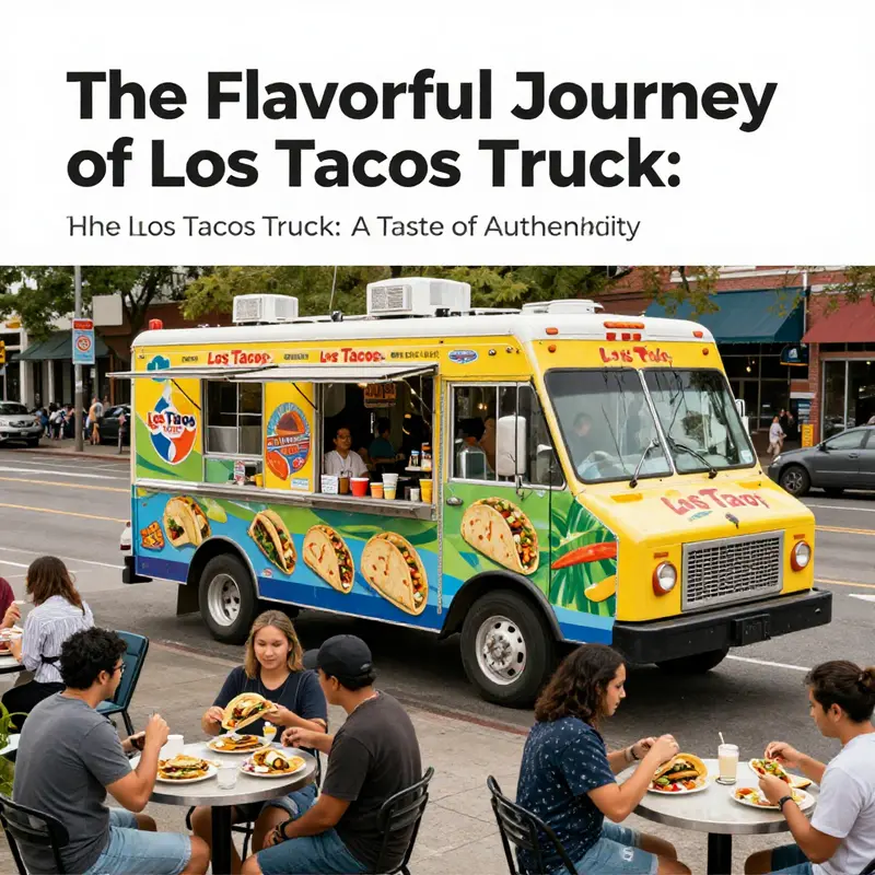 A lively food truck scene featuring Los Tacos Truck with patrons enjoying their meals in a vibrant urban environment.