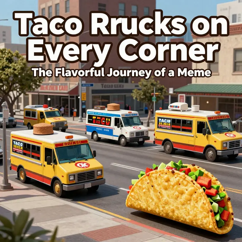 Political origins of the meme illustrated with colorful taco trucks juxtaposed against campaign themes.
