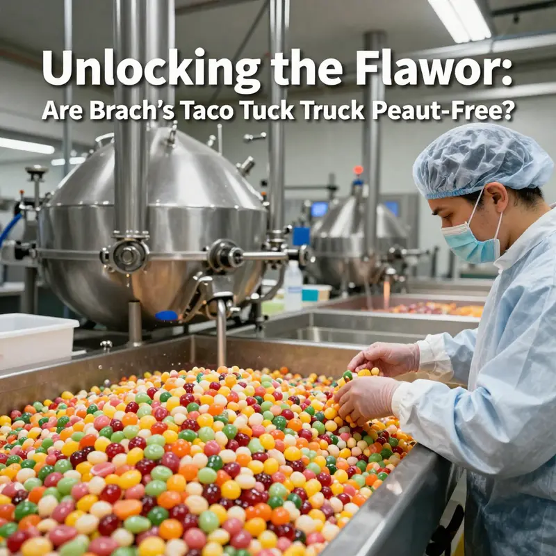 A delightful display of Brach’s Taco Truck Jelly Beans, symbolizing their taco-inspired flavors and peanut-free status.