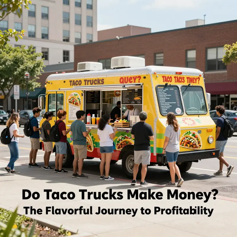 A taco truck thriving in a busy urban location, illustrating key profitability factors like strategic positioning and customer demand.