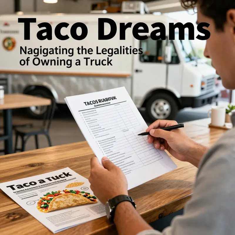A lively taco truck showcasing the necessary permits and licenses while serving delicious tacos to eager customers.