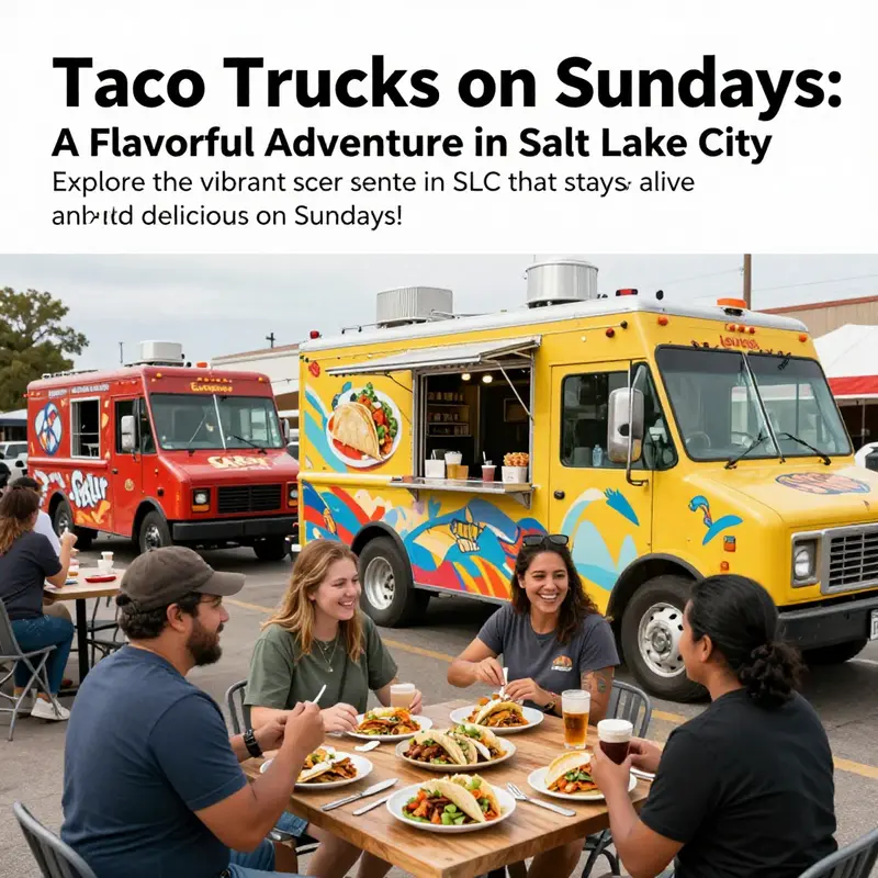 A bustling taco truck scene in Salt Lake City with food lovers enjoying various tacos.