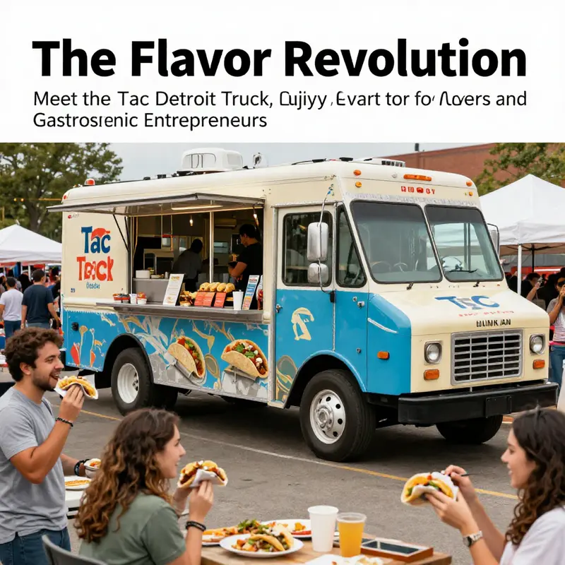 A vibrant image of the Tac Detroit food truck at a festival with happy customers enjoying tacos, emphasizing the joyful dining experience.