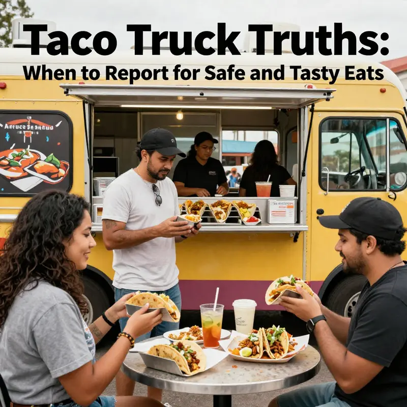 A lively taco truck with customers enjoying flavorful tacos in a bustling environment.