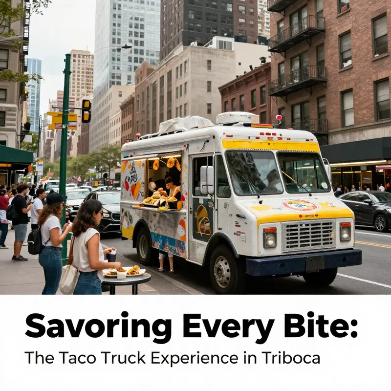 A bustling scene in Tribeca showcasing the taco truck surrounded by happy customers and the vibrant city energy.