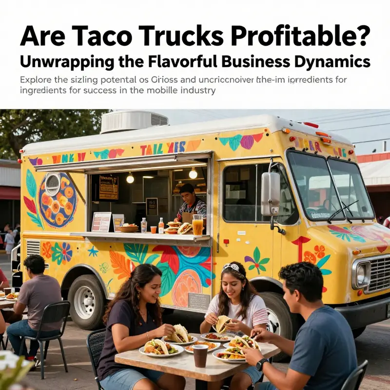 A lively taco truck with diverse customers enjoying freshly made tacos in a sunny outdoor setting.