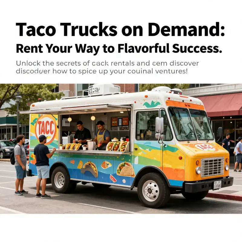 A taco truck actively serving customers against a vibrant city backdrop, with vendors cooking tacos.
