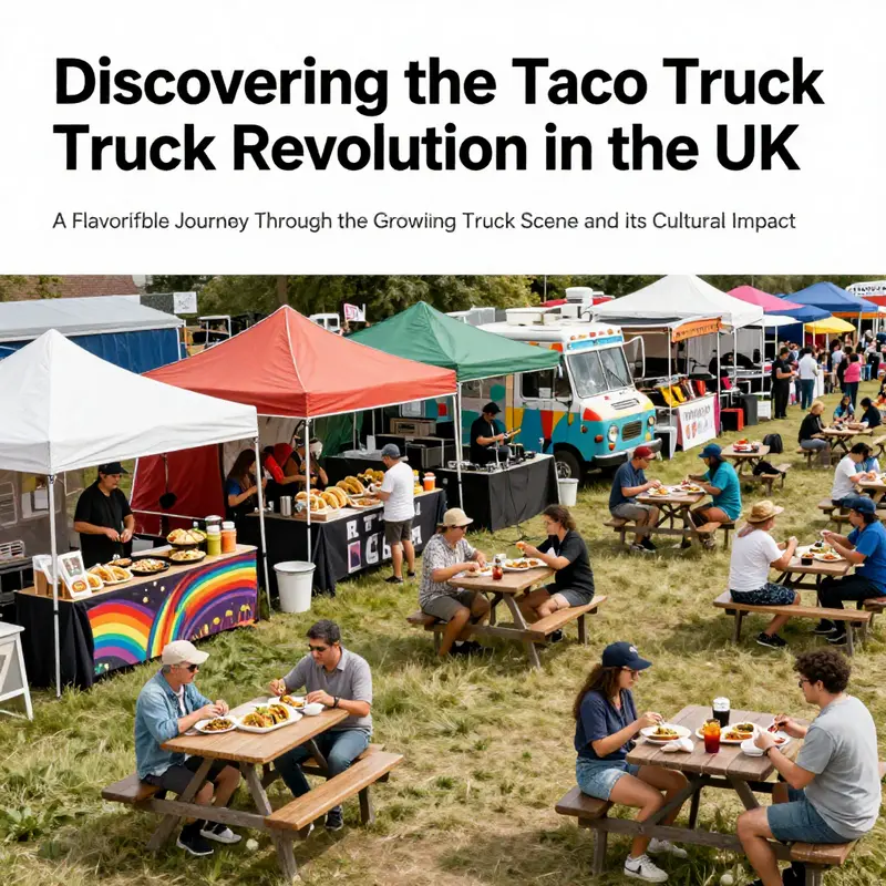 A wide shot of a taco truck festival depicting vendors, diverse taco offerings, and a cheerful crowd.