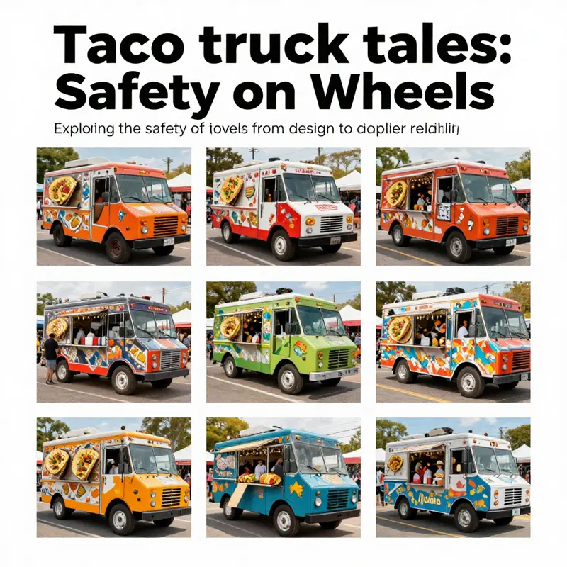 A dynamic street festival scene featuring various taco trucks and happy customers enjoying their meals.