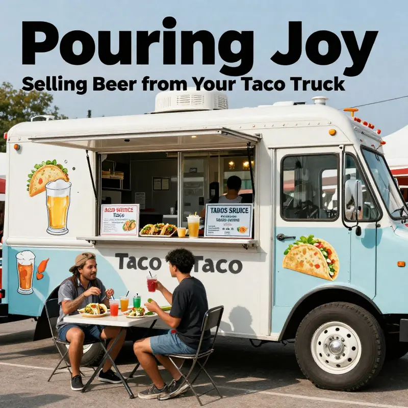 A food truck holding a food service license, ready to serve delicious tacos with a festive crowd around it.