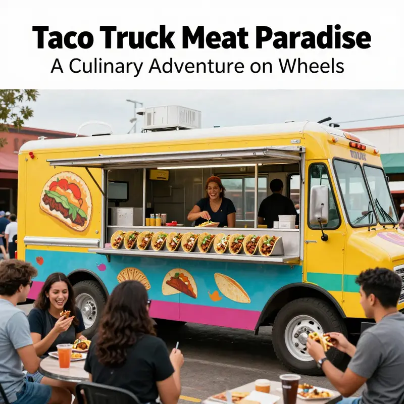 A bustling taco truck with a variety of taco options being served to enthusiastic customers.