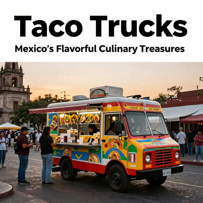 A taco truck against a stunning sunset, symbolizing the joy of street food in Mexico.