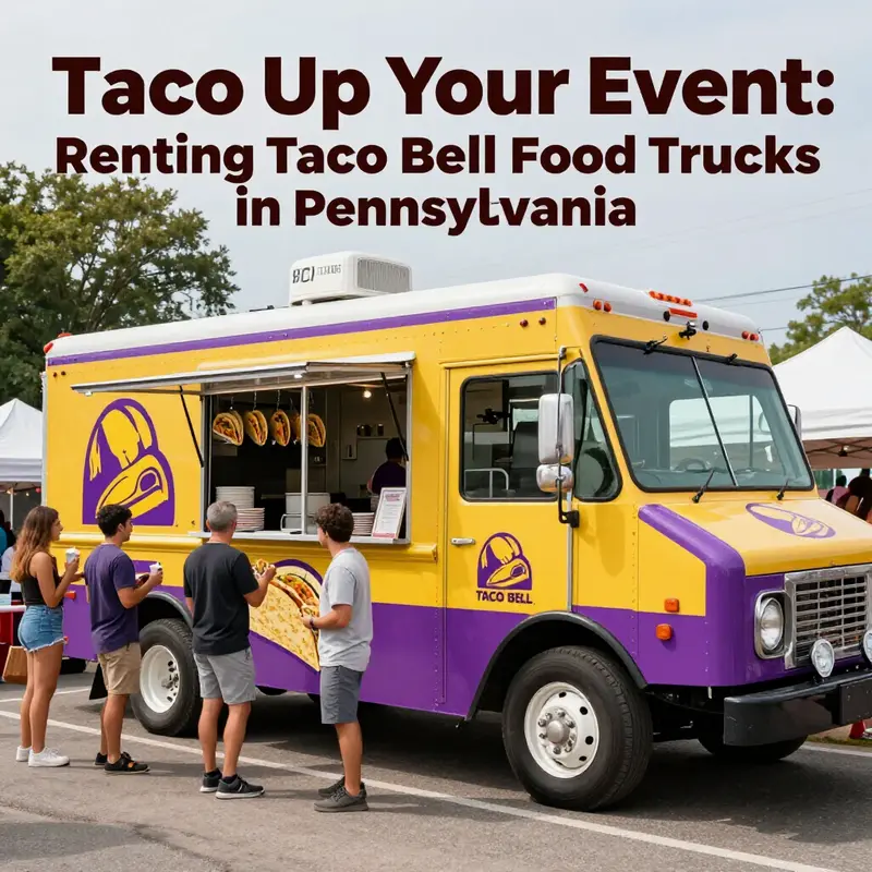 A colorful taco food truck at an outdoor festival, with happy guests enjoying tacos.