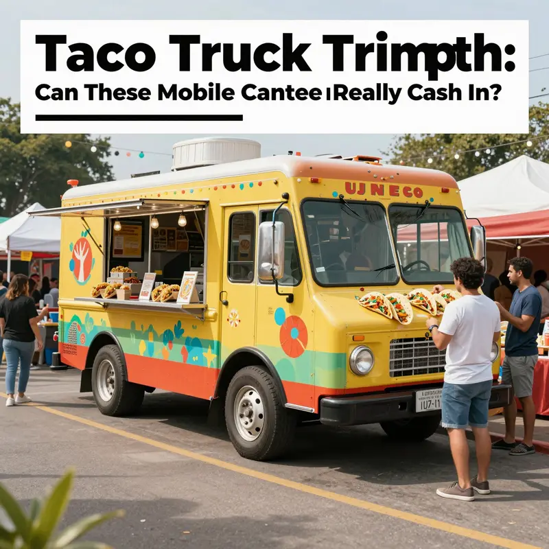A lively taco truck at a street festival filled with people enjoying tacos and festivities.
