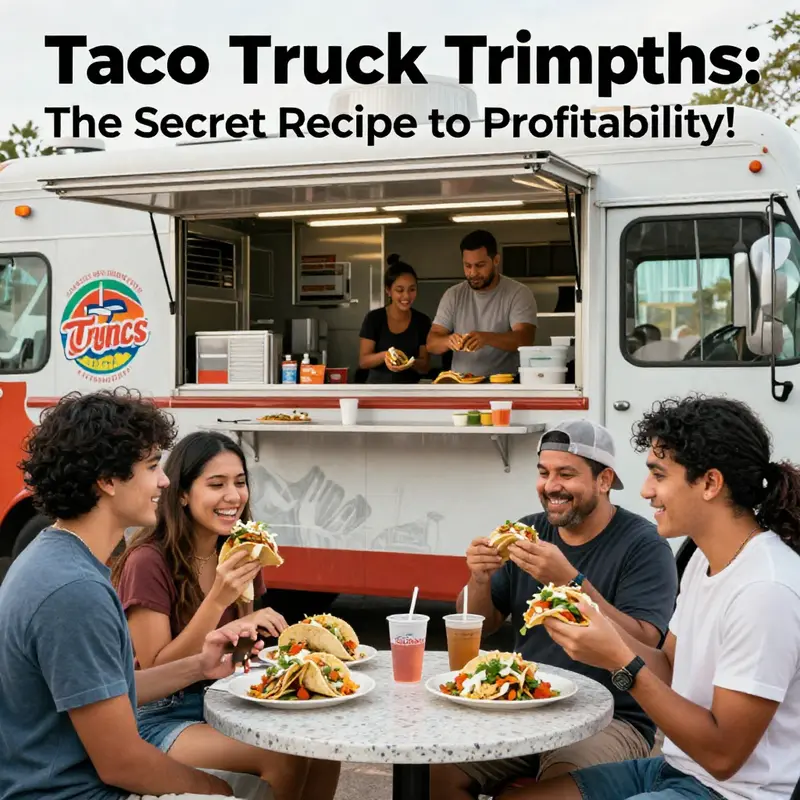 Image of cheerful customers enjoying tacos from a taco truck in a busy street setting.