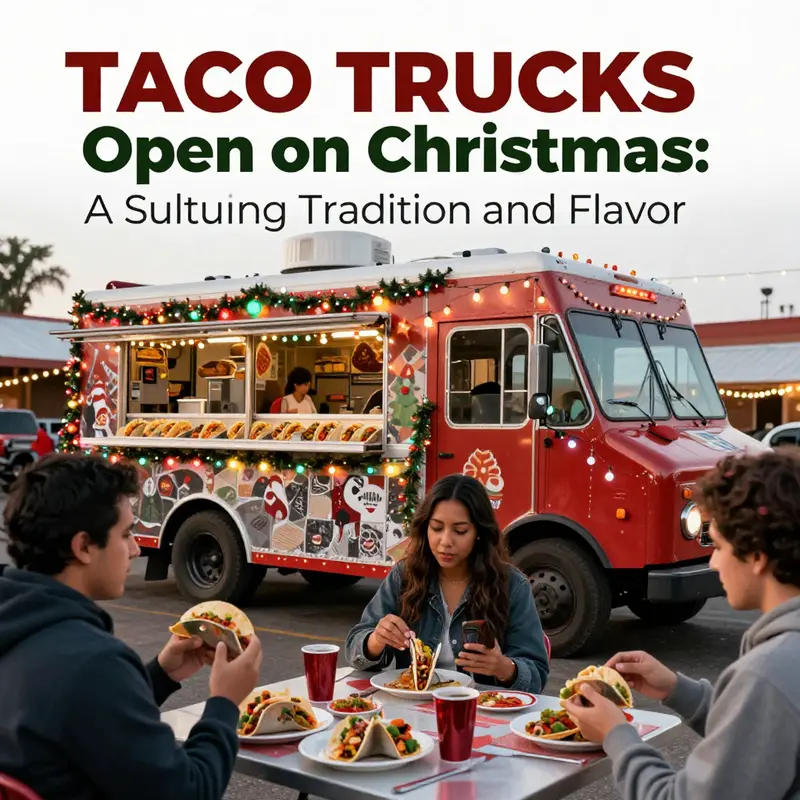 A taco truck adorned with festive decorations, serving delighted customers on Christmas day.
