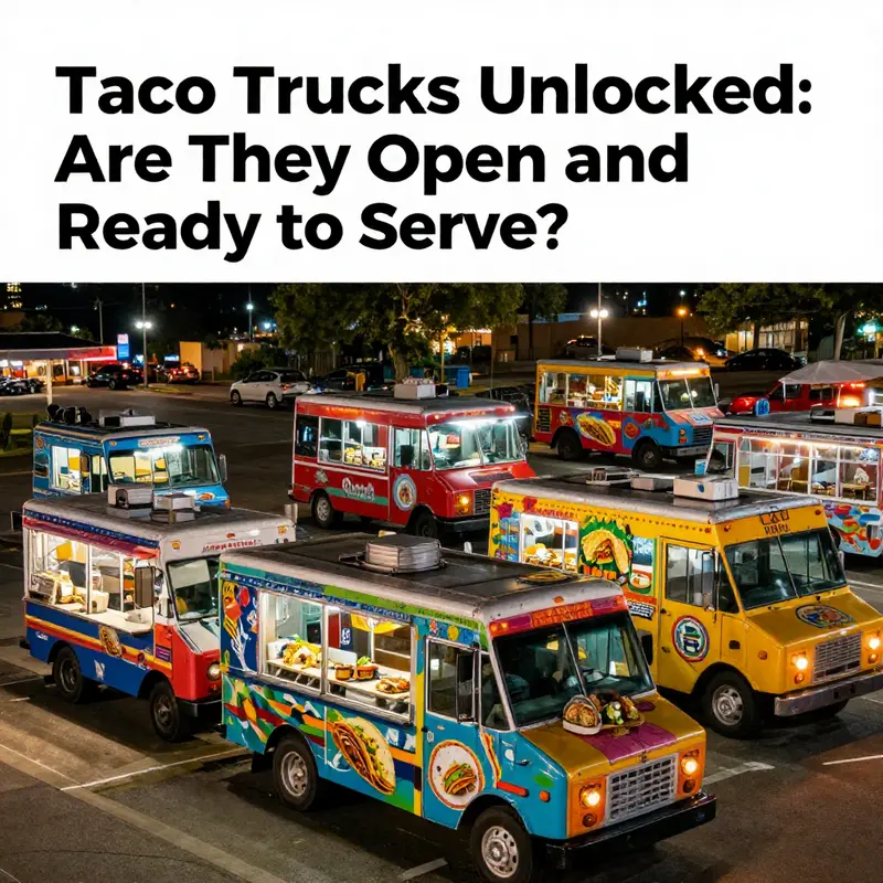 A bustling night scene with several taco trucks serving customers amidst a lively urban backdrop.
