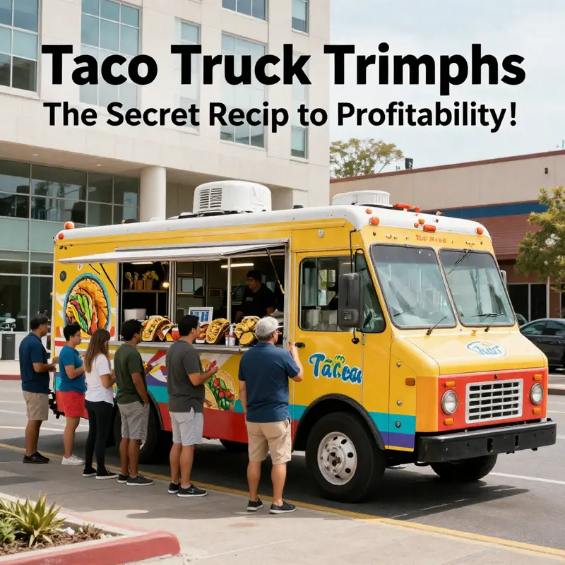 A vibrant taco truck attracting customers in a prime location.